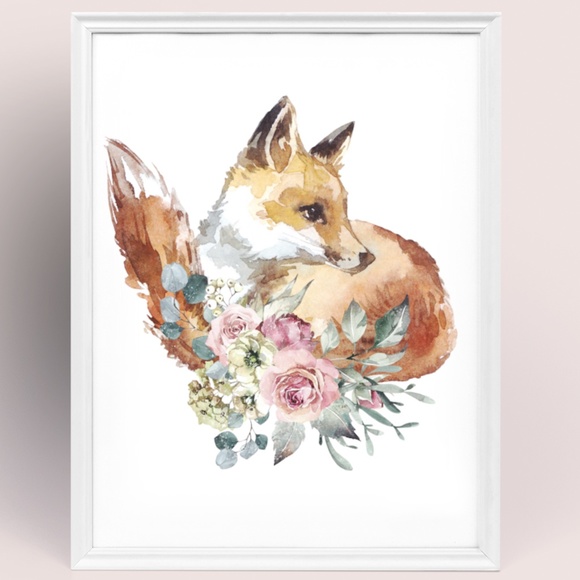 Watercolor Floral Red Fox Portrait Wall Art Illustration Print Poster Unframed - Picture 12 of 17